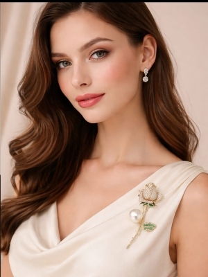 Elegant Pearl Rose Brooch - Color: Gold