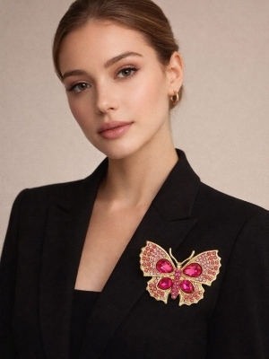 Ruby Glow Butterfly Statement Brooch - Color: Gold