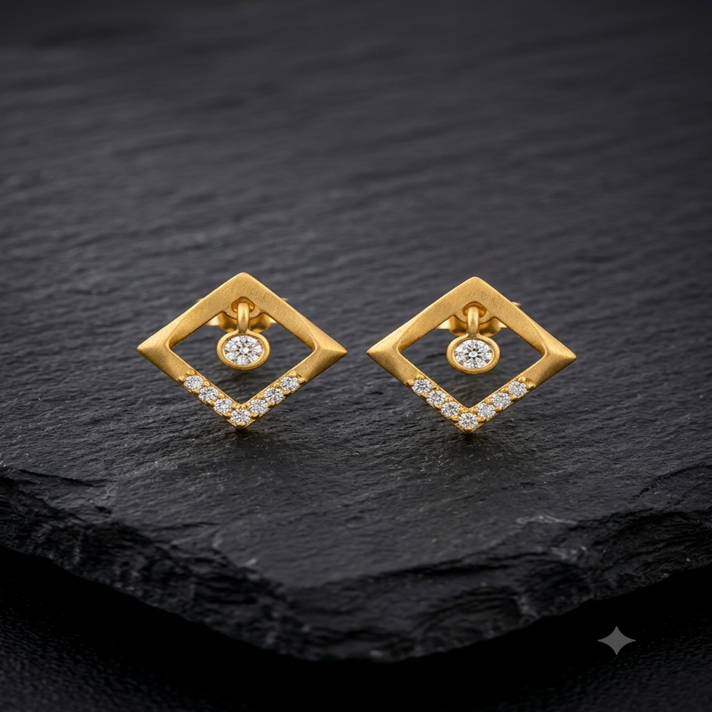 Designer Gold Hexagon Frame Earrings With Round Solitaire Stones - Gender: Women