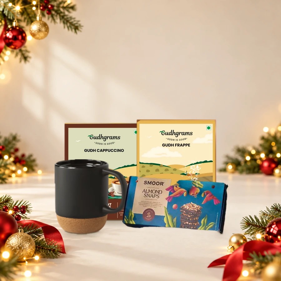 Christmas Coffee Gift Hamper for Corporate Clients - Ceramic Mug, Coffee & Almond Snaps