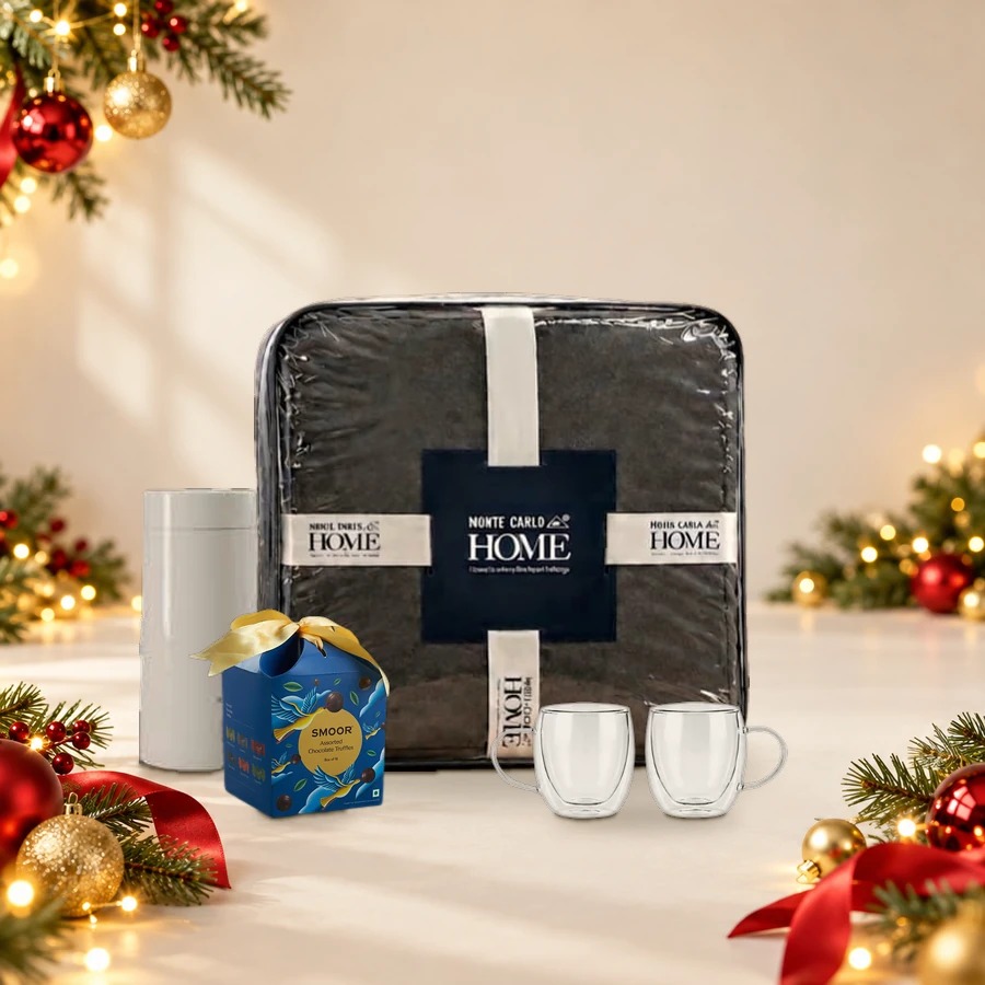 Christmas Cosy Night-In Gift Hamper - Blanket, Kettle, Glass Mugs & Truffles