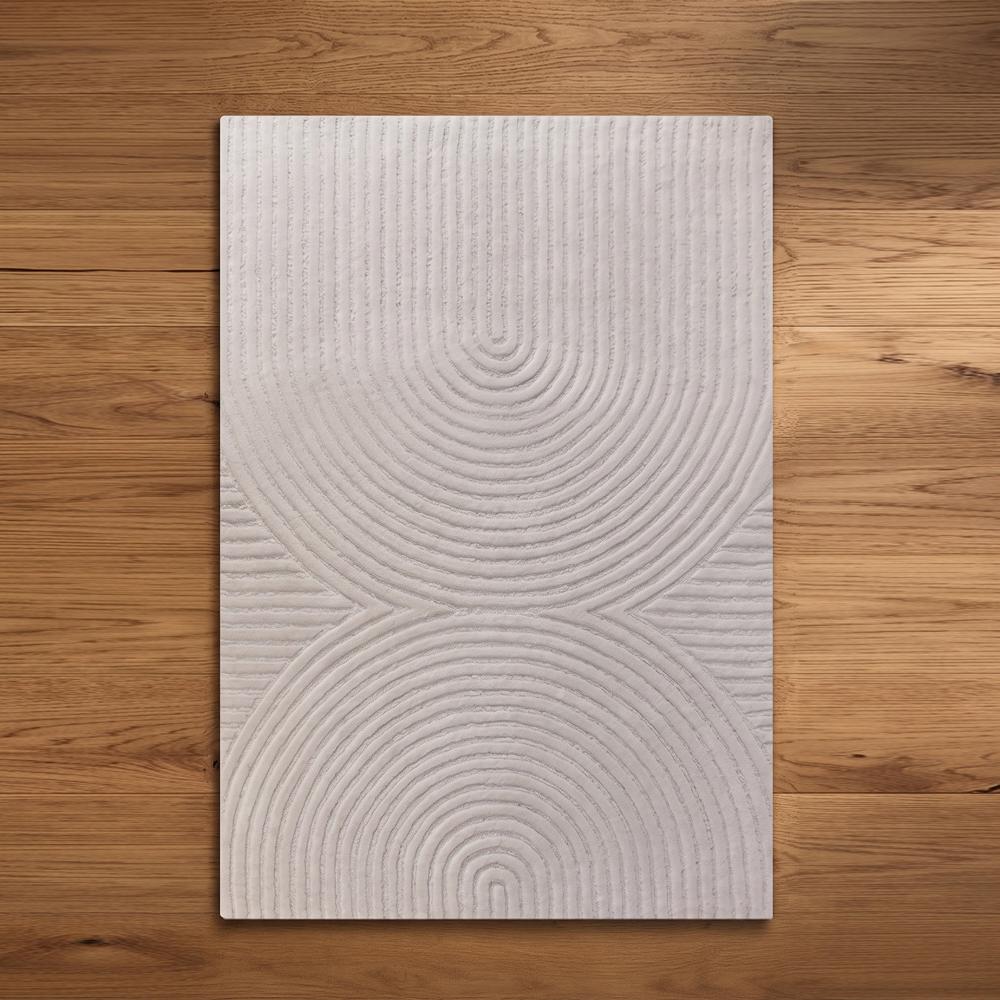 Modern White Hand Tufted Textured Wool Rug with Abstract Geometric Curved Line Pattern for Living Room Decor |