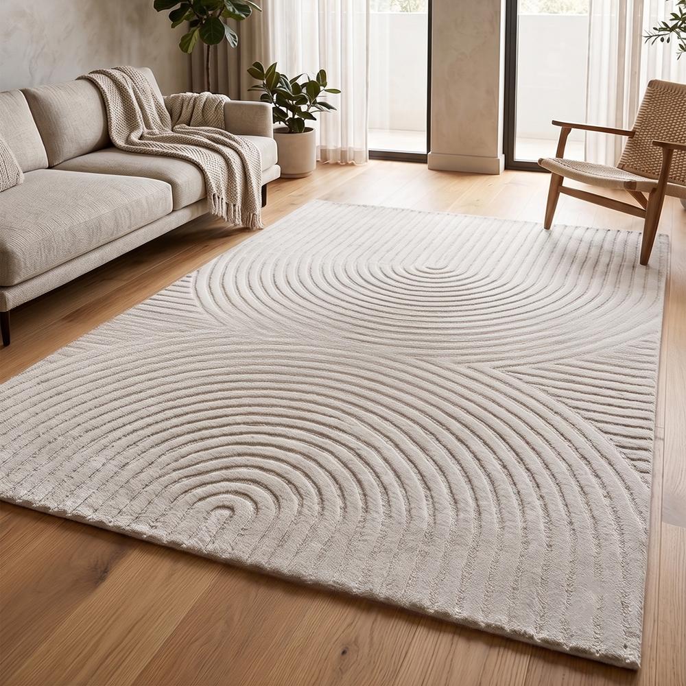 Modern White Hand Tufted Textured Wool Rug with Abstract Geometric Curved Line Pattern for Living Room Decor |