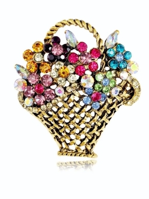 Vintage Crystal Floral Basket Brooch - Color: Gold