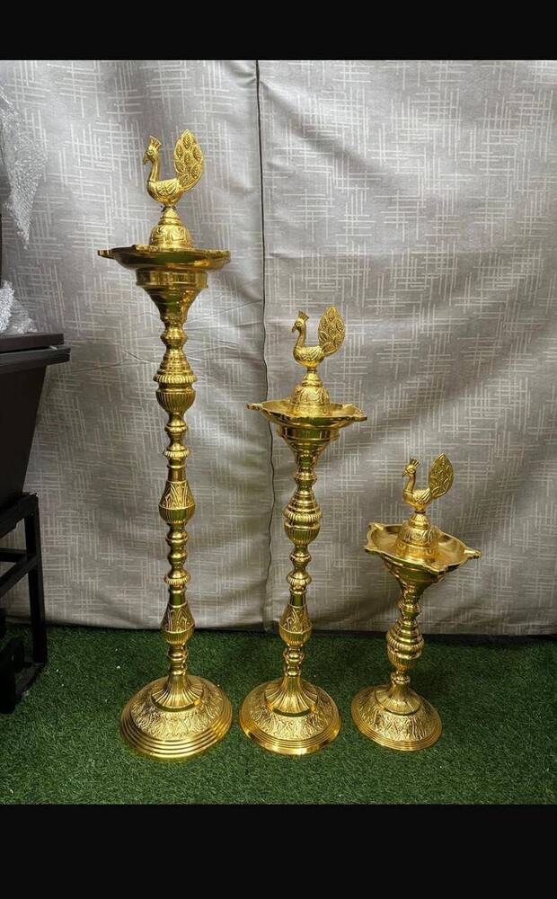 Golden Peacock Brass Standing Diya Set