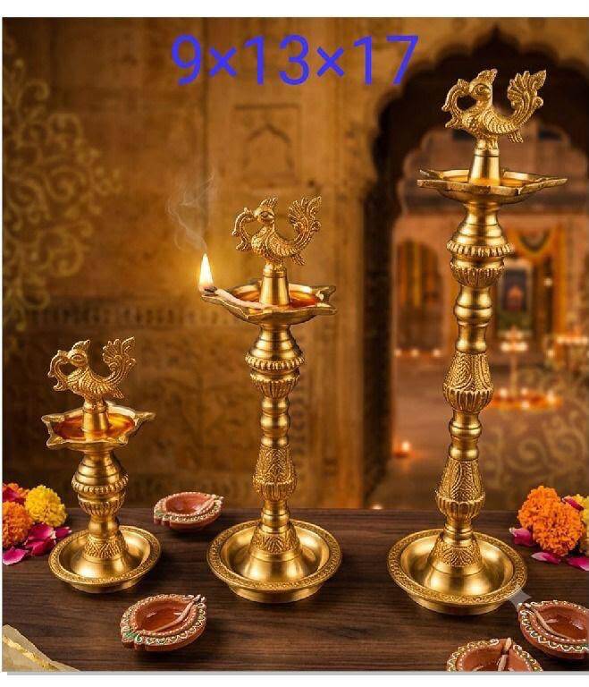 Antique Gold Peacock Brass Diya Set