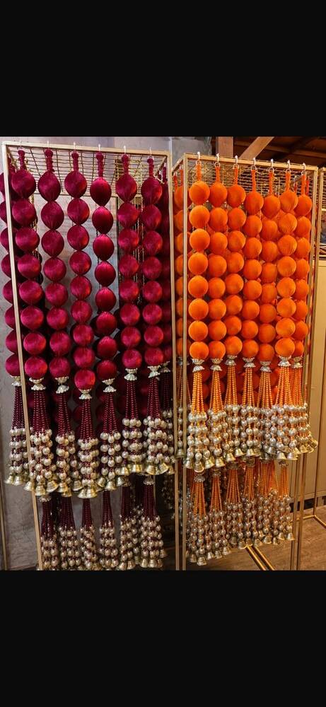Red and Orange Velvet Hanging Toran with Brass Bells