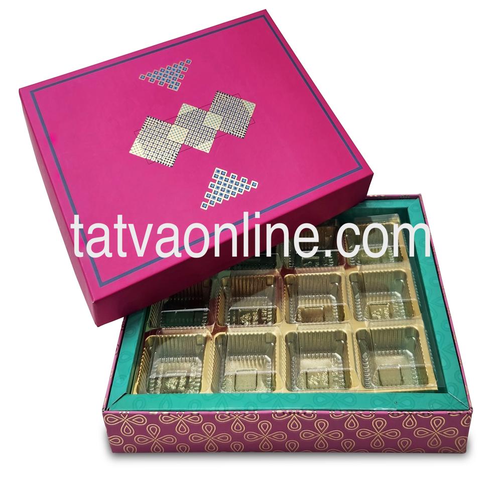 Premium Rani Pink Rigid Chocolate Gift Box With 12 Cavities | Diamond Design With Foiling - Coating Type: Lamination