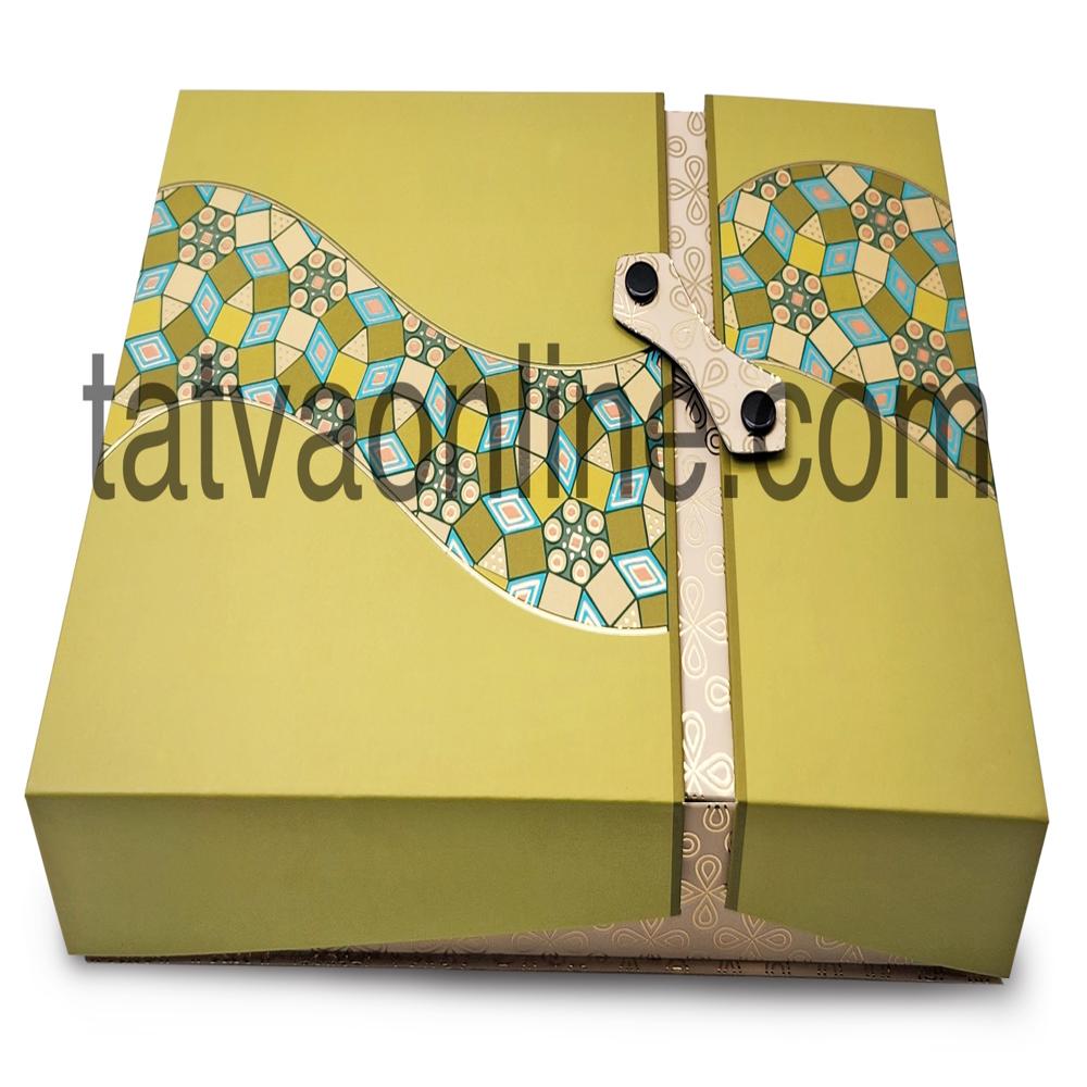 Premium Green Rigid Dry Fruit Gift Box with 4 Compartments | Crystal Mosaic Design Double Door & Foiling