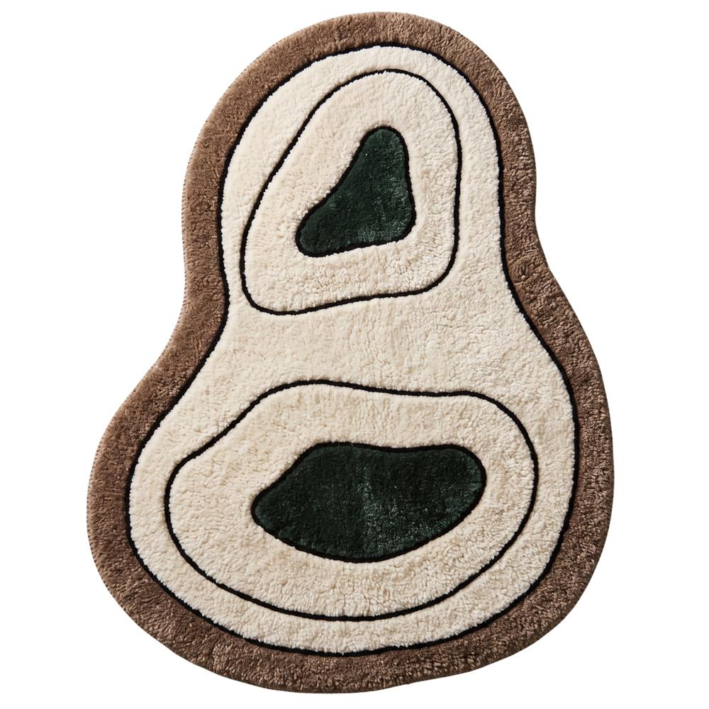 Modern Abstract Hand Tufted Irregular Shape Wool Rug with Cream Brown and Dark Green Geometric Pattern for Living Room Decor