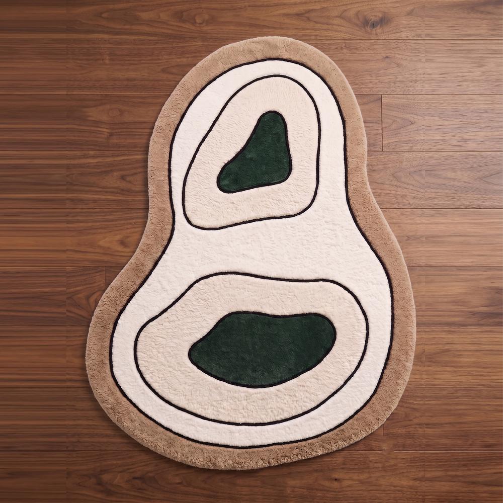 Modern Abstract Hand Tufted Irregular Shape Wool Rug with Cream Brown and Dark Green Geometric Pattern for Living Room Decor