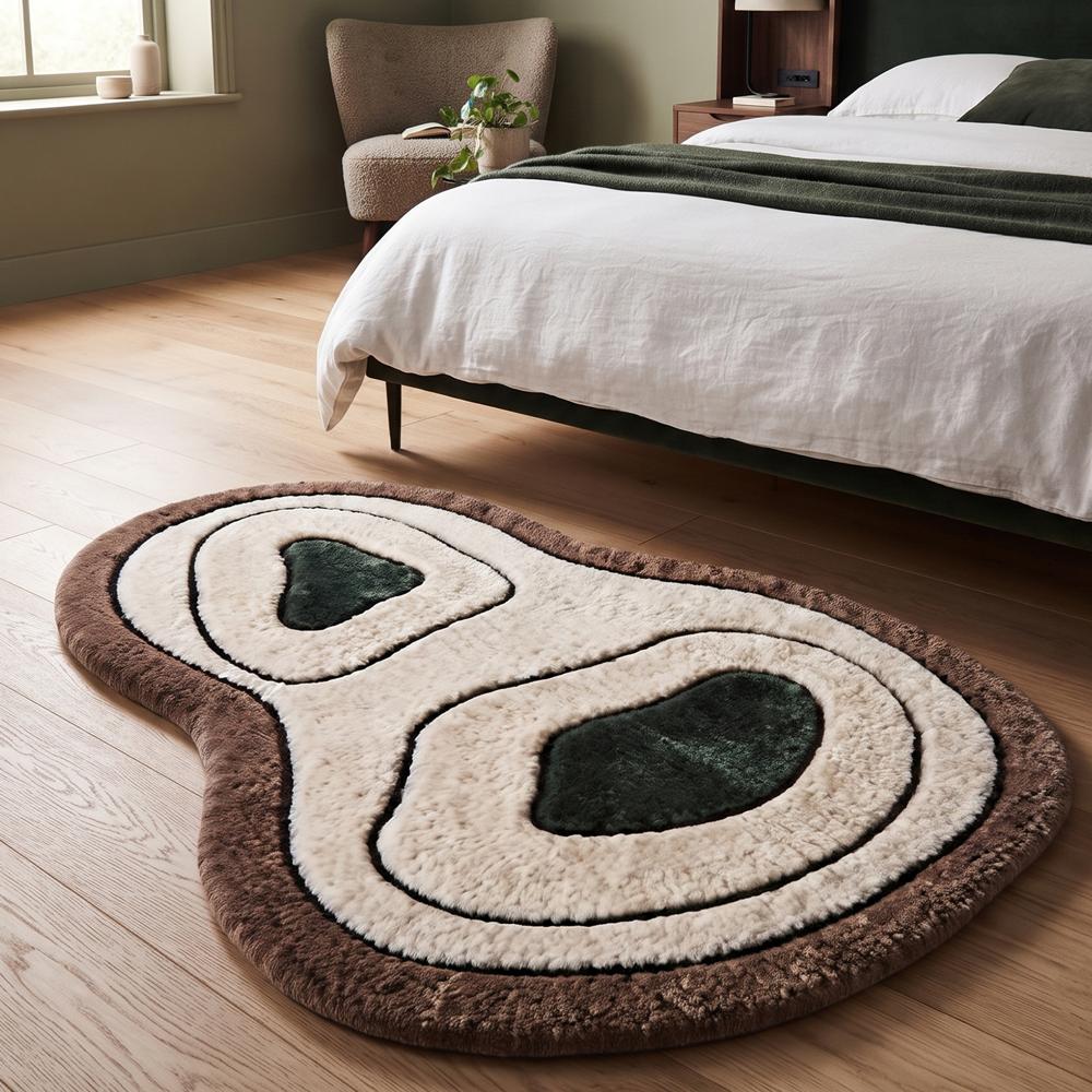 Modern Abstract Hand Tufted Irregular Shape Wool Rug with Cream Brown and Dark Green Geometric Pattern for Living Room Decor
