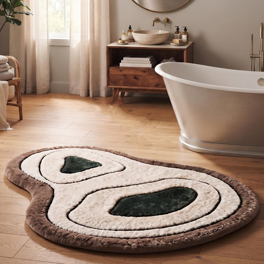 Modern Abstract Hand Tufted Irregular Shape Wool Rug with Cream Brown and Dark Green Geometric Pattern for Living Room Decor