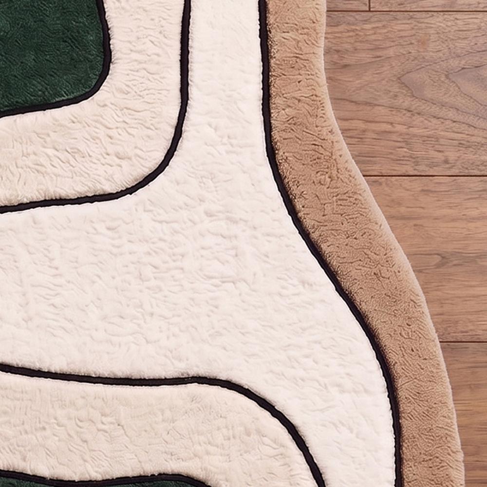 Modern Abstract Hand Tufted Irregular Shape Wool Rug with Cream Brown and Dark Green Geometric Pattern for Living Room Decor