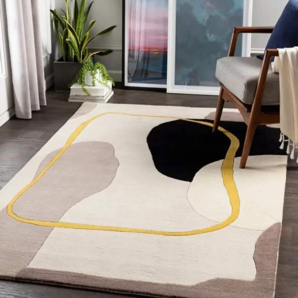 Modern Abstract Hand Tufted Wool Rug with Cream Black Beige and Mustard Yellow Geometric Pattern for Living Room Decor