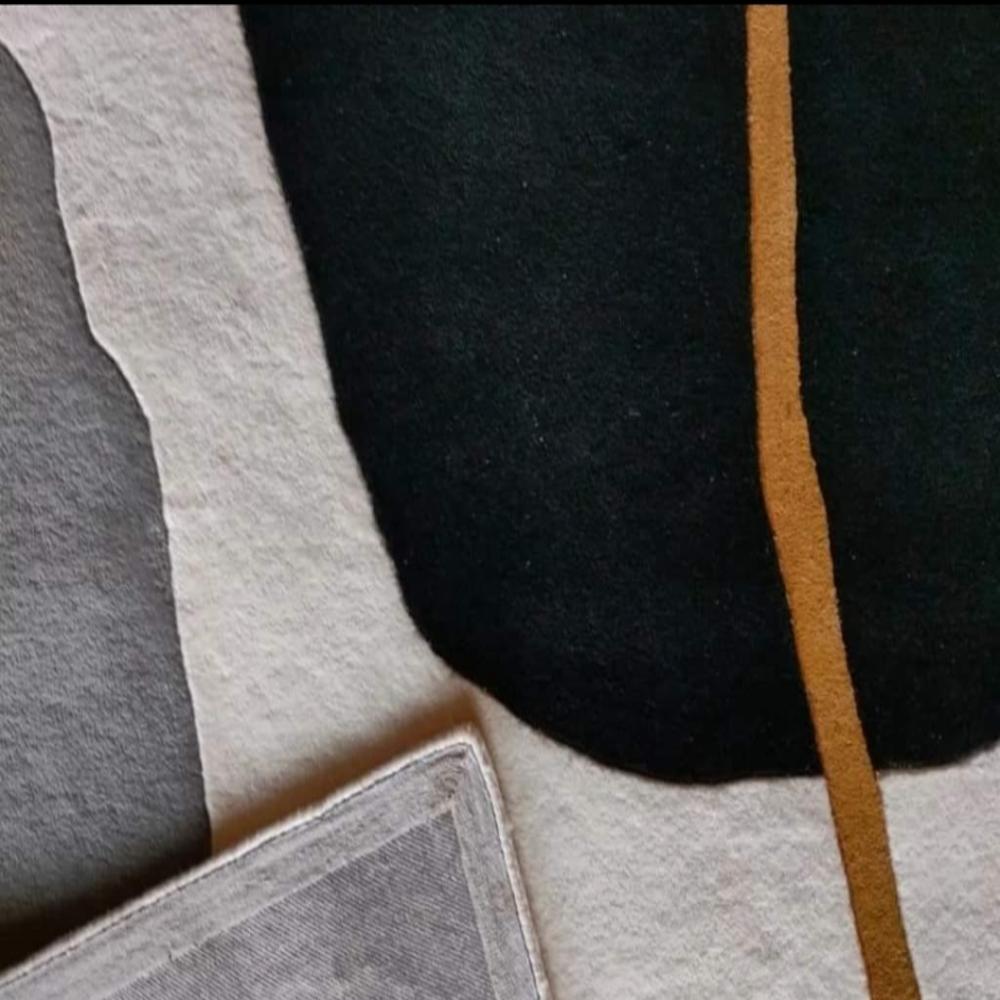 Modern Abstract Hand Tufted Wool Rug with Cream Black Beige and Mustard Yellow Geometric Pattern for Living Room Decor