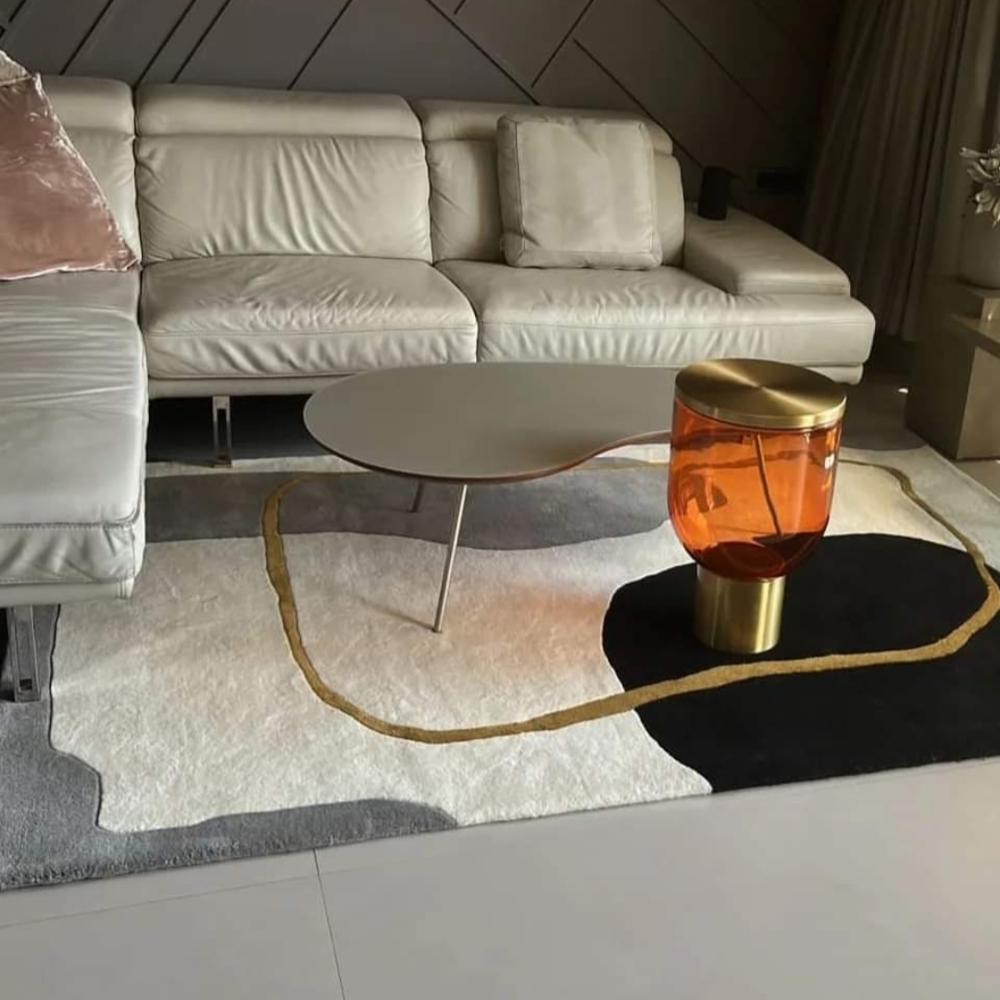 Modern Abstract Hand Tufted Wool Rug with Cream Black Beige and Mustard Yellow Geometric Pattern for Living Room Decor