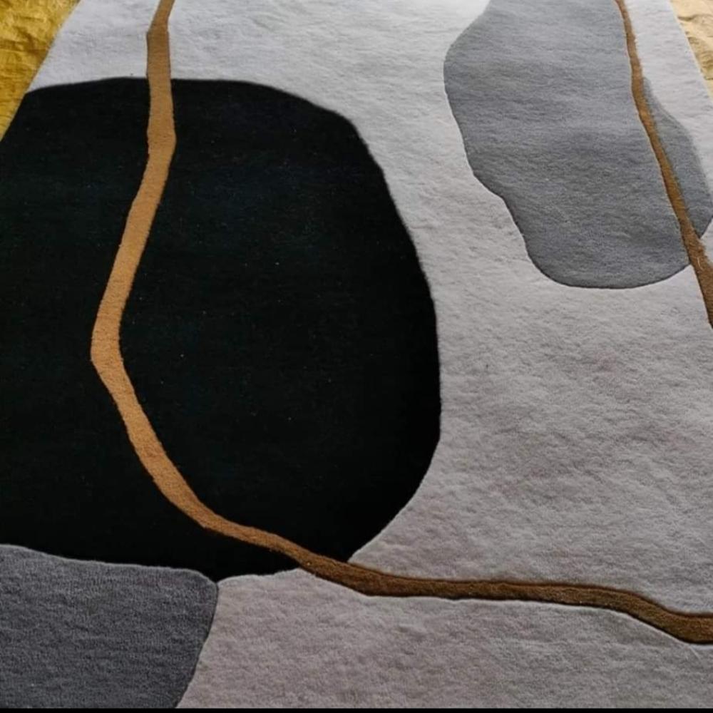 Modern Abstract Hand Tufted Wool Rug with Cream Black Beige and Mustard Yellow Geometric Pattern for Living Room Decor