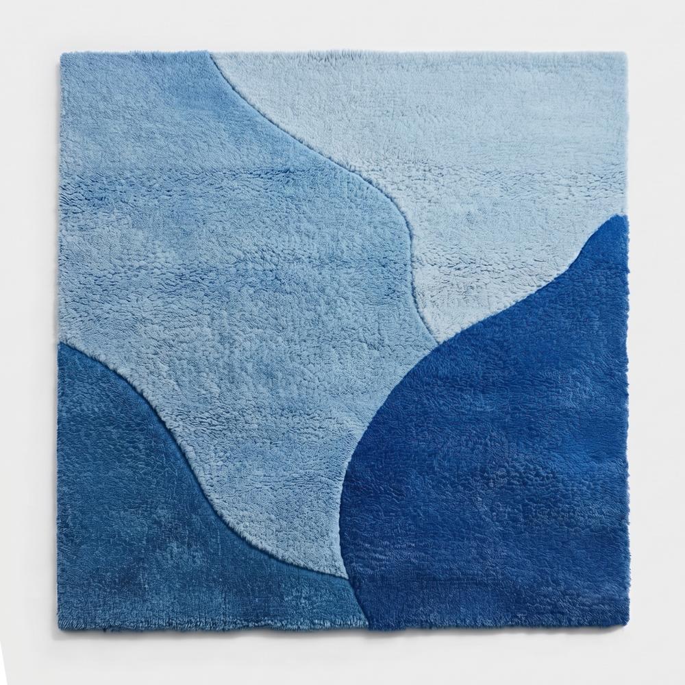 Modern Blue Hand Tufted Wool Rug with Abstract Curved Geometric Pattern in Light Blue Navy Blue and Dark Blue for Living Room Decor