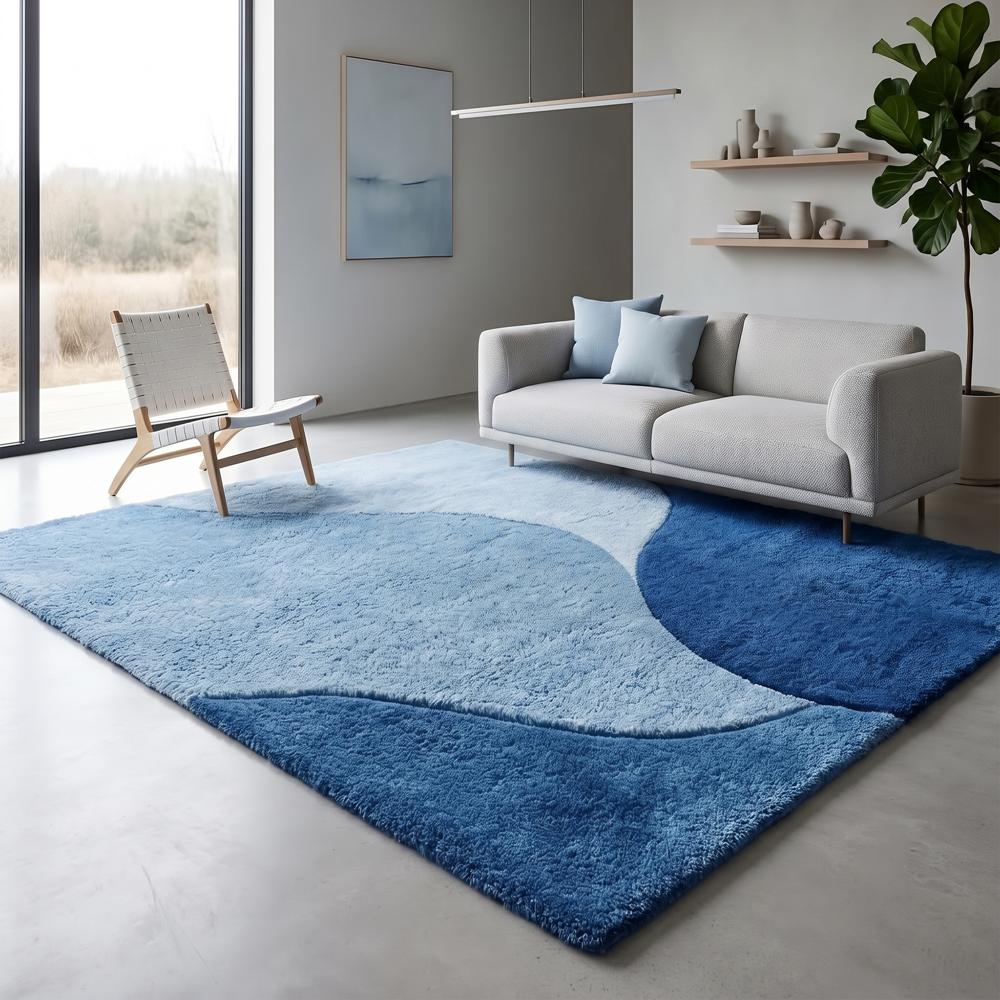 Modern Blue Hand Tufted Wool Rug with Abstract Curved Geometric Pattern in Light Blue Navy Blue and Dark Blue for Living Room Decor