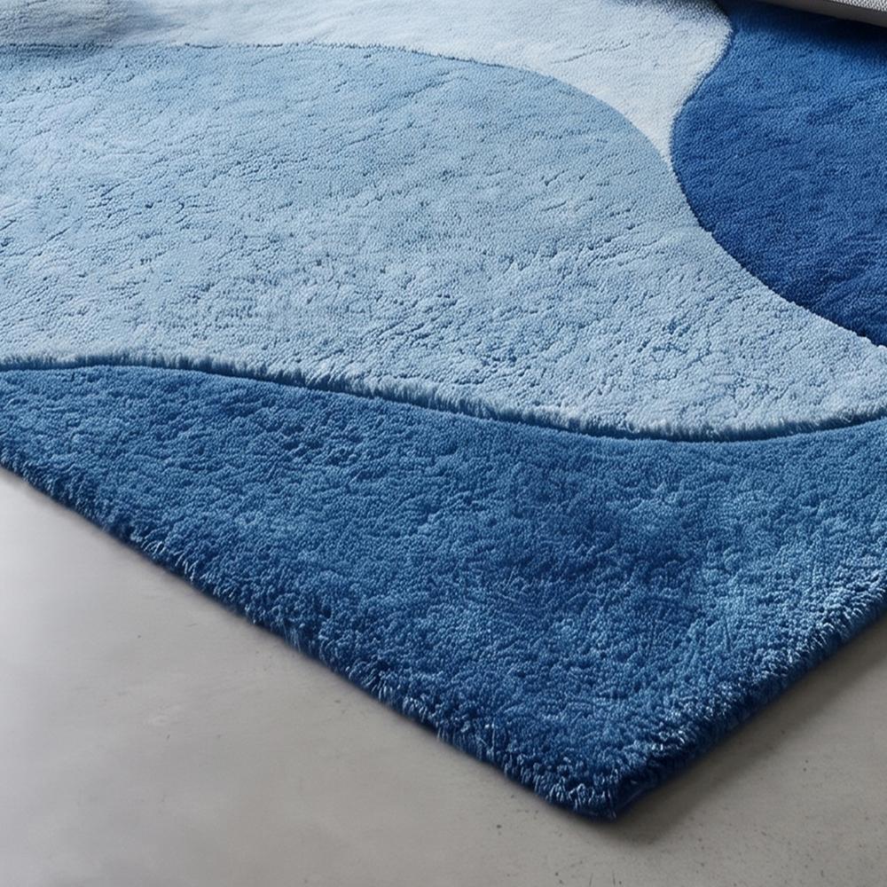 Modern Blue Hand Tufted Wool Rug with Abstract Curved Geometric Pattern in Light Blue Navy Blue and Dark Blue for Living Room Decor