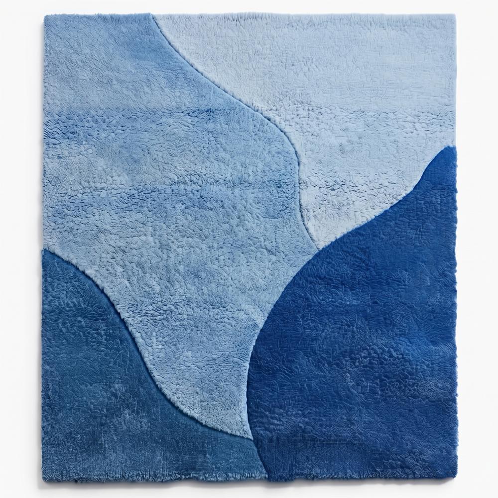 Modern Blue Hand Tufted Wool Rug with Abstract Curved Geometric Pattern in Light Blue Navy Blue and Dark Blue for Living Room Decor
