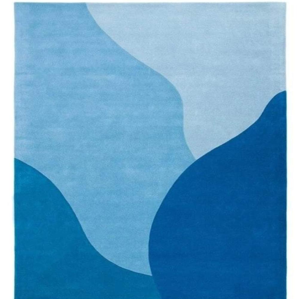 Modern Blue Hand Tufted Wool Rug with Abstract Curved Geometric Pattern in Light Blue Navy Blue and Dark Blue for Living Room Decor