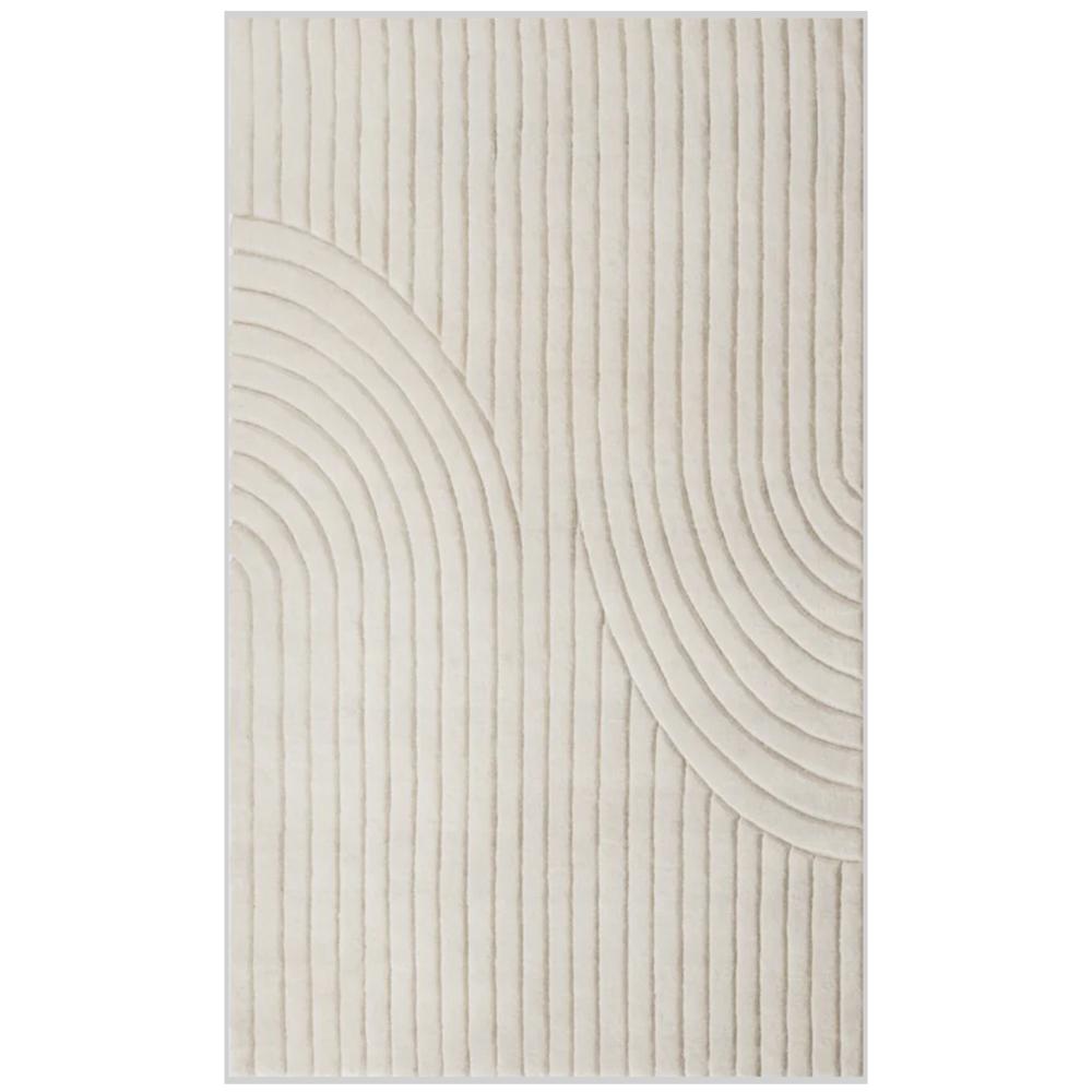 Modern Cream Hand Tufted Wool Rug with Abstract Curved Lines and Raised Geometric Pattern for Living Room Bedroom Deco