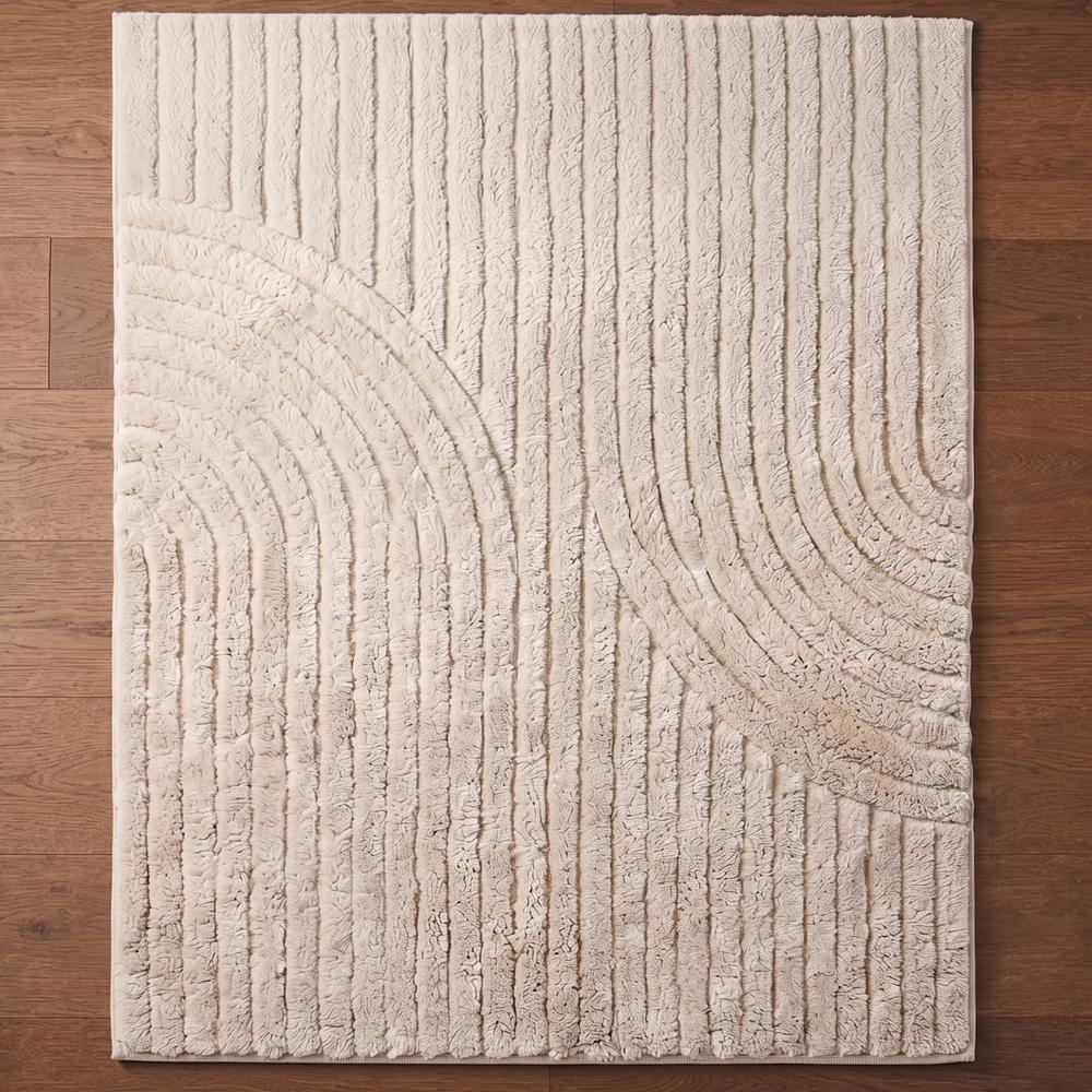 Modern Cream Hand Tufted Wool Rug with Abstract Curved Lines and Raised Geometric Pattern for Living Room Bedroom Deco