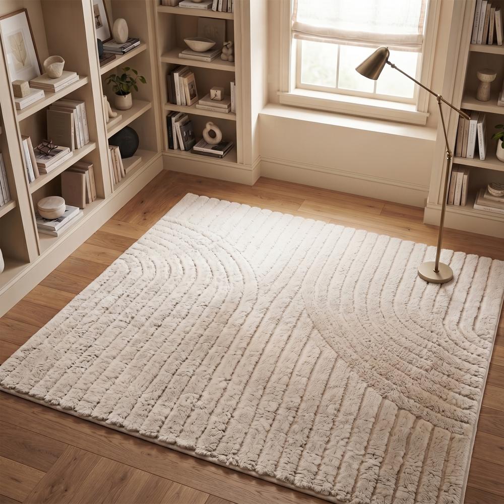 Modern Cream Hand Tufted Wool Rug with Abstract Curved Lines and Raised Geometric Pattern for Living Room Bedroom Deco