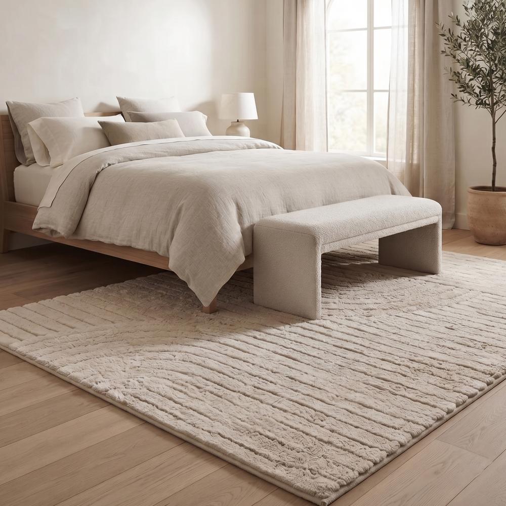 Modern Cream Hand Tufted Wool Rug with Abstract Curved Lines and Raised Geometric Pattern for Living Room Bedroom Deco