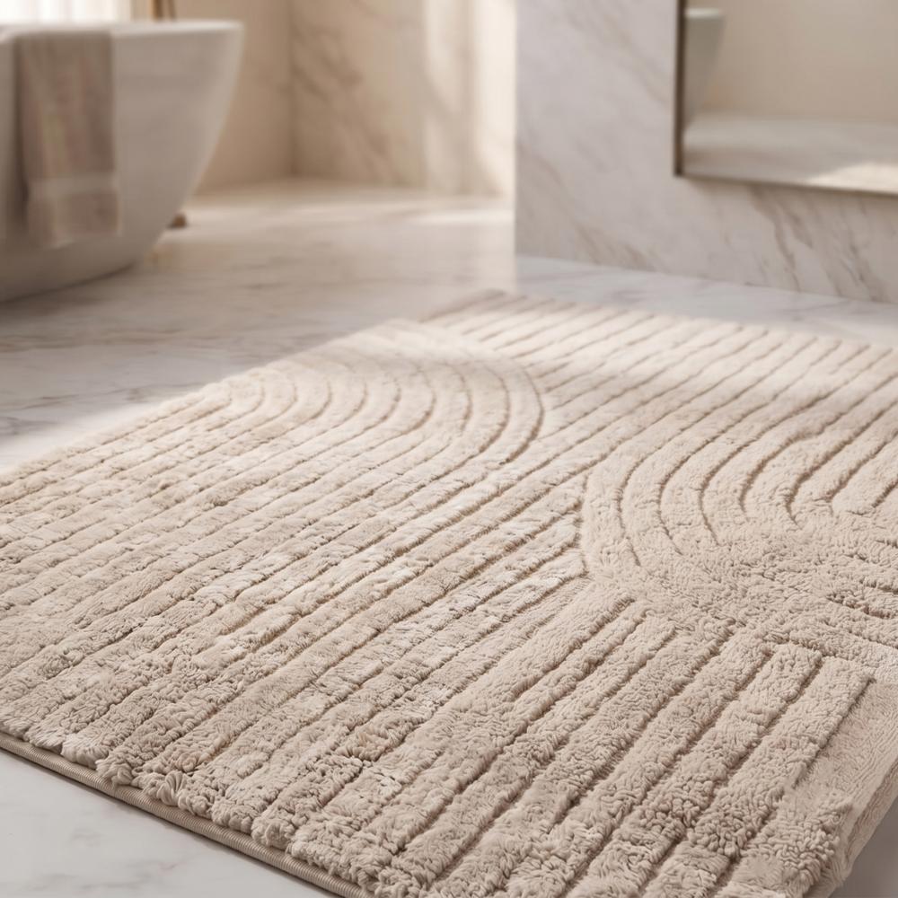 Modern Cream Hand Tufted Wool Rug with Abstract Curved Lines and Raised Geometric Pattern for Living Room Bedroom Deco