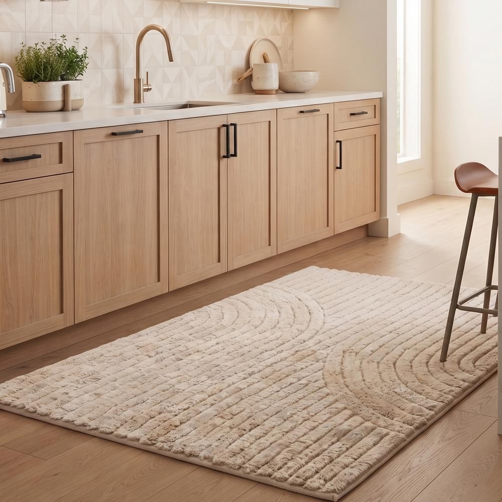 Modern Cream Hand Tufted Wool Rug with Abstract Curved Lines and Raised Geometric Pattern for Living Room Bedroom Deco