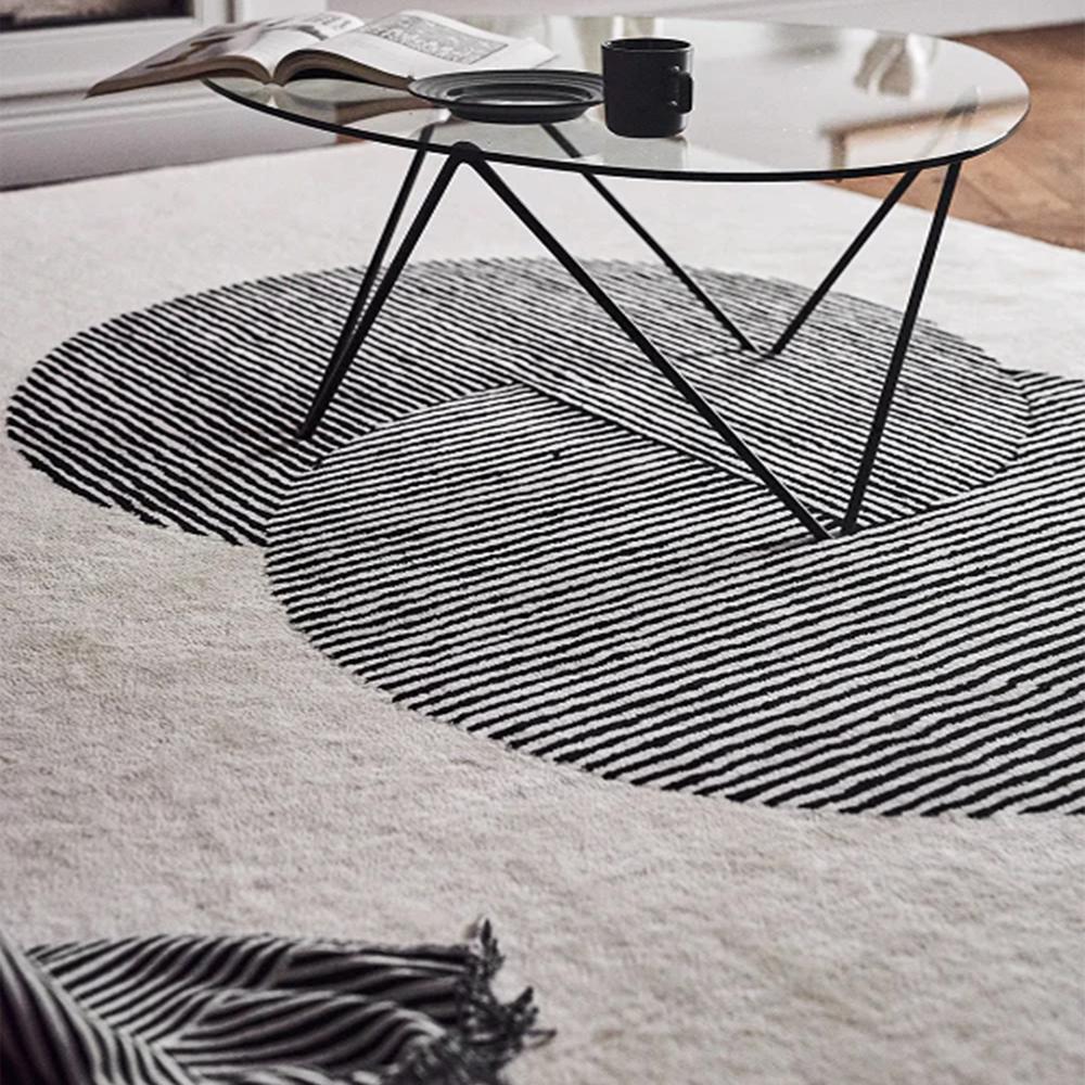 Modern Cream Hand Tufted Wool Rug with Black Abstract Geometric Circle Pattern and Linear Design for Living Room Decor