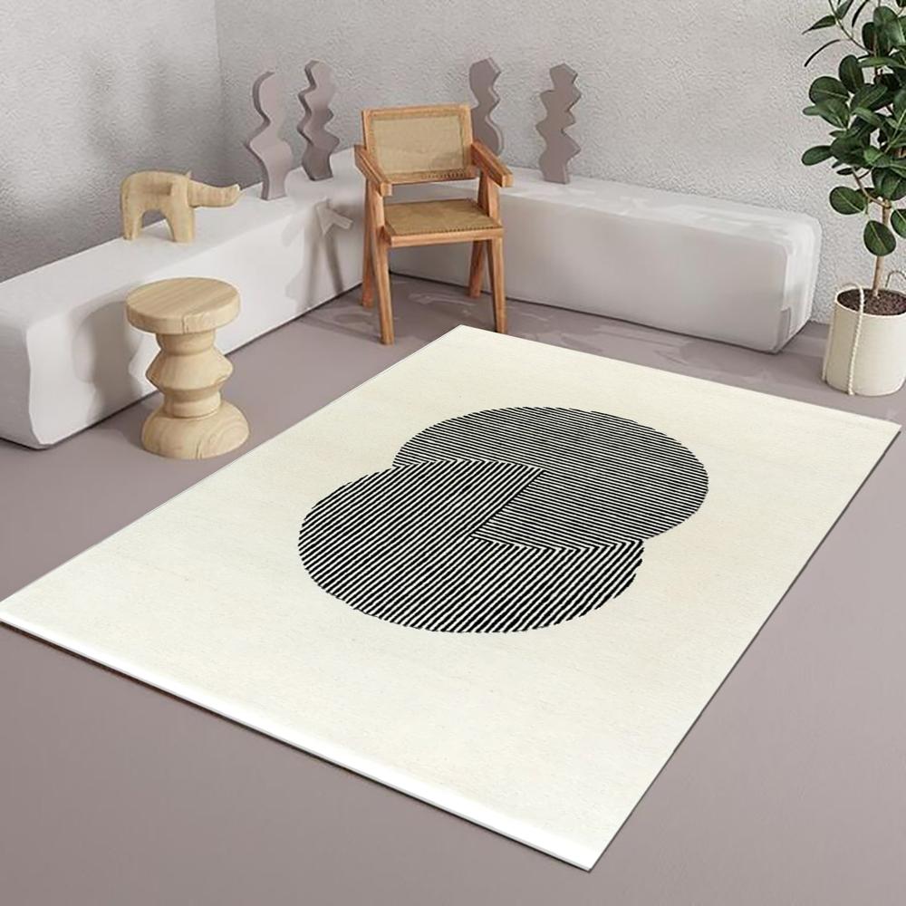 Modern Cream Hand Tufted Wool Rug with Black Abstract Geometric Circle Pattern and Linear Design for Living Room Decor
