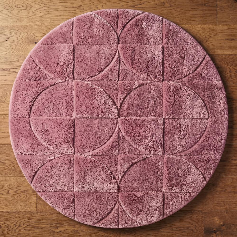 Round Pink Hand Tufted Wool Rug with Geometric Circular Pattern and Textured Design for Bedroom Living Room Decor