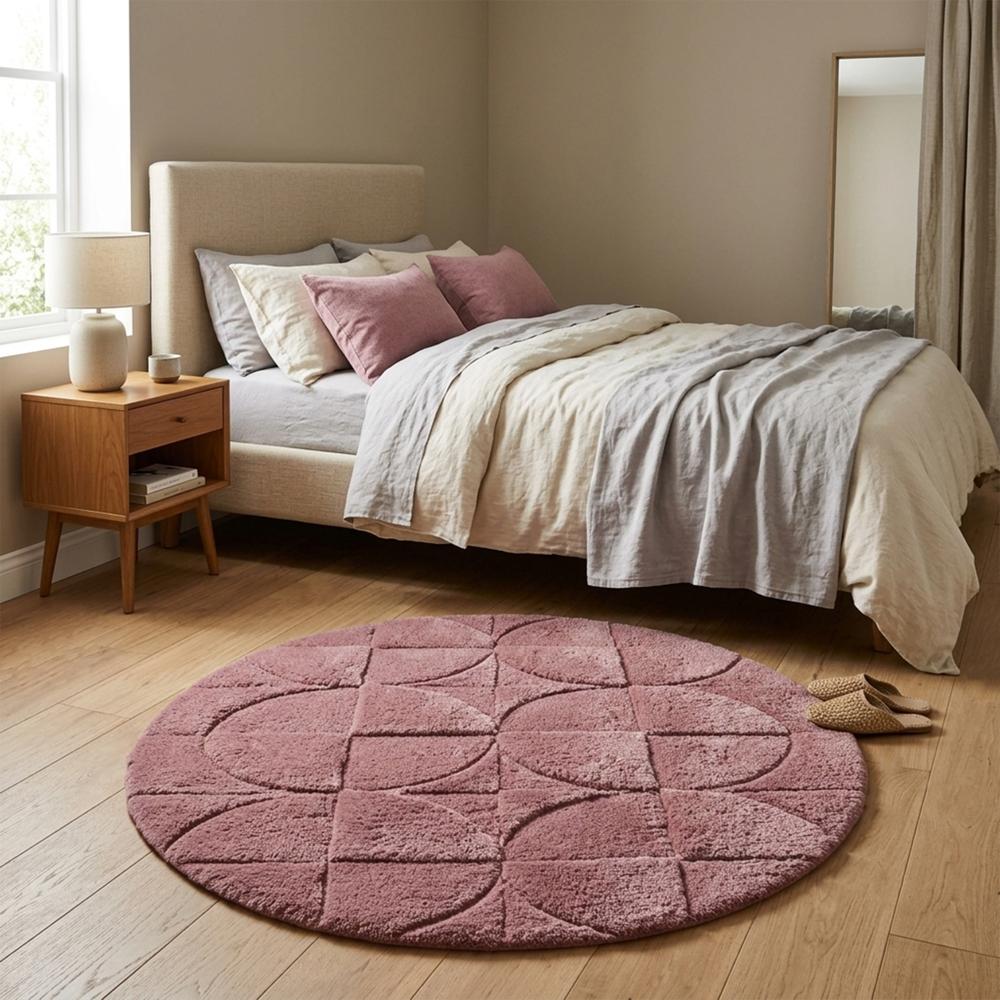 Round Pink Hand Tufted Wool Rug with Geometric Circular Pattern and Textured Design for Bedroom Living Room Decor