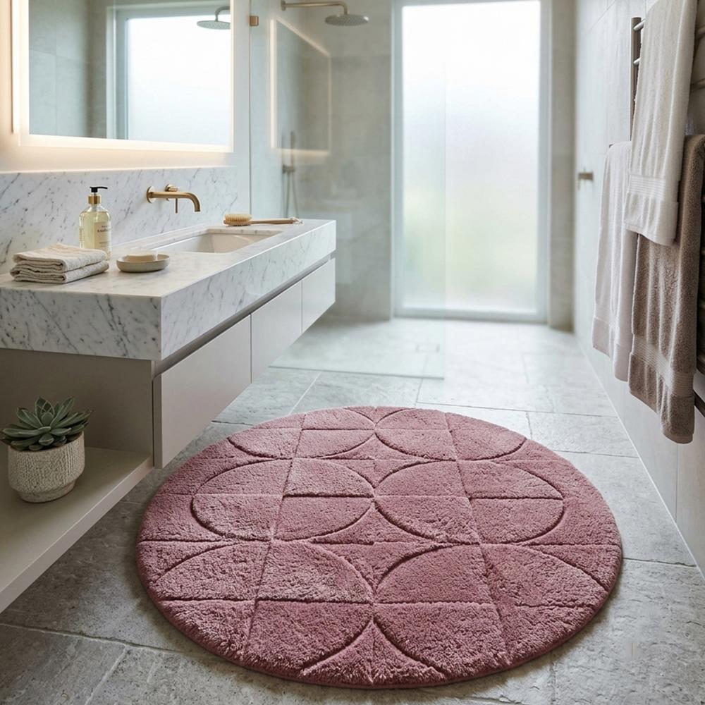Round Pink Hand Tufted Wool Rug with Geometric Circular Pattern and Textured Design for Bedroom Living Room Decor