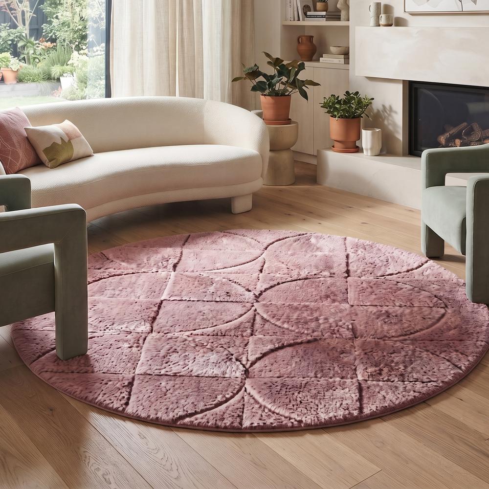 Round Pink Hand Tufted Wool Rug with Geometric Circular Pattern and Textured Design for Bedroom Living Room Decor