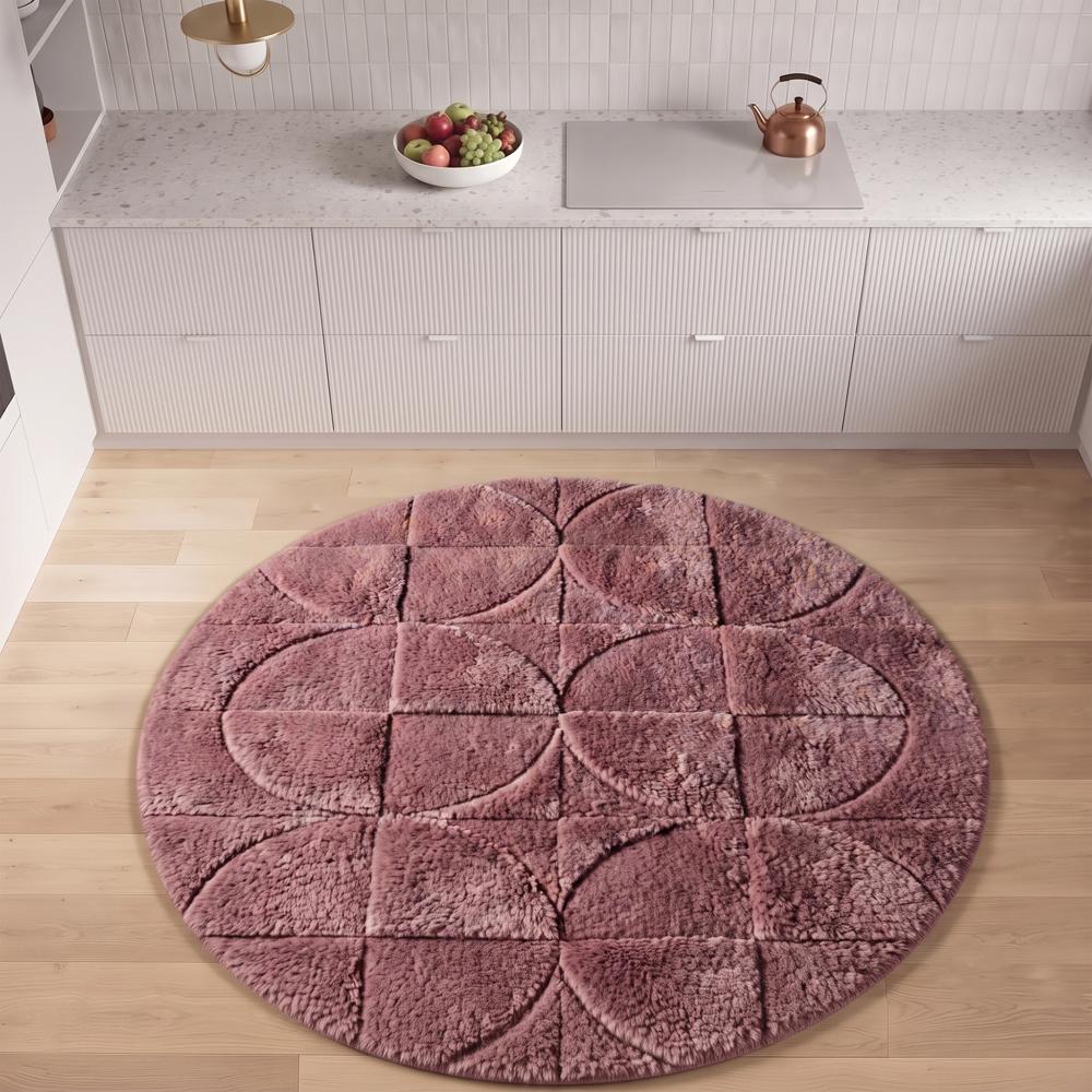 Round Pink Hand Tufted Wool Rug with Geometric Circular Pattern and Textured Design for Bedroom Living Room Decor