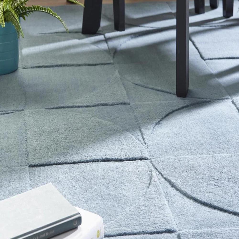 Modern Light Blue Hand Tufted Wool Rug with Geometric Circular Pattern and Textured Design for Living Room Bedroom Decor