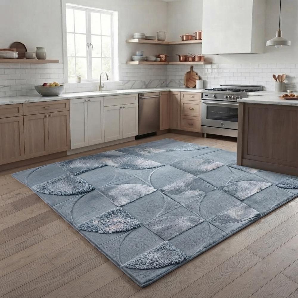Modern Light Blue Hand Tufted Wool Rug with Geometric Circular Pattern and Textured Design for Living Room Bedroom Decor