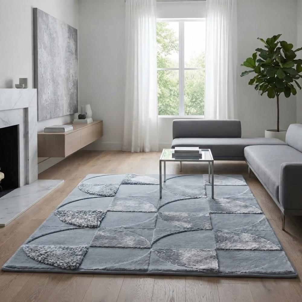 Modern Light Blue Hand Tufted Wool Rug with Geometric Circular Pattern and Textured Design for Living Room Bedroom Decor