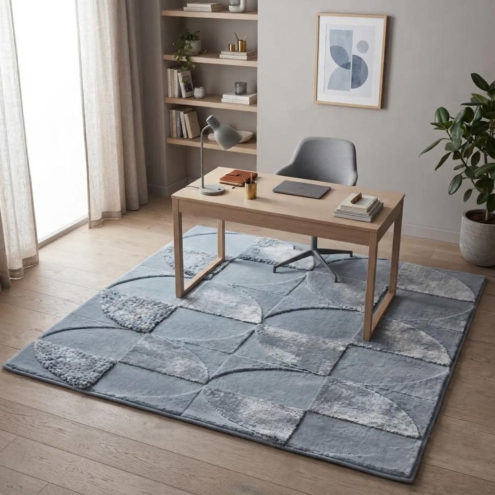 Modern Light Blue Hand Tufted Wool Rug with Geometric Circular Pattern and Textured Design for Living Room Bedroom Decor