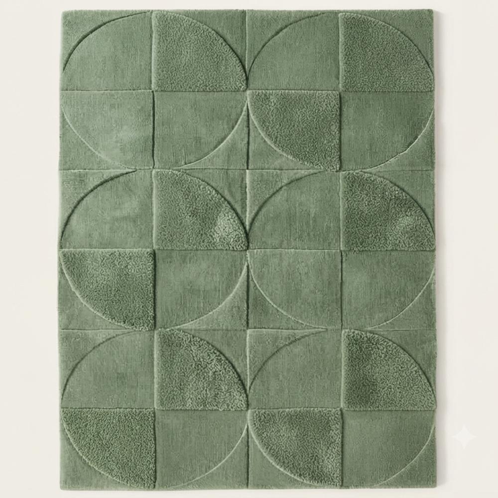 Modern Sage Green Hand Tufted Wool Rug with Geometric Circular Pattern and Textured Design for Living Room Bedroom Decor