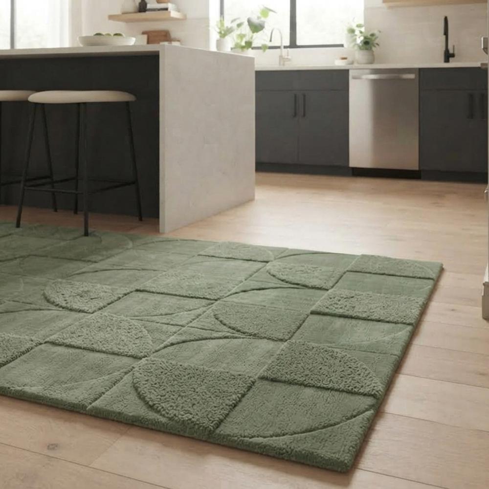 Modern Sage Green Hand Tufted Wool Rug with Geometric Circular Pattern and Textured Design for Living Room Bedroom Decor