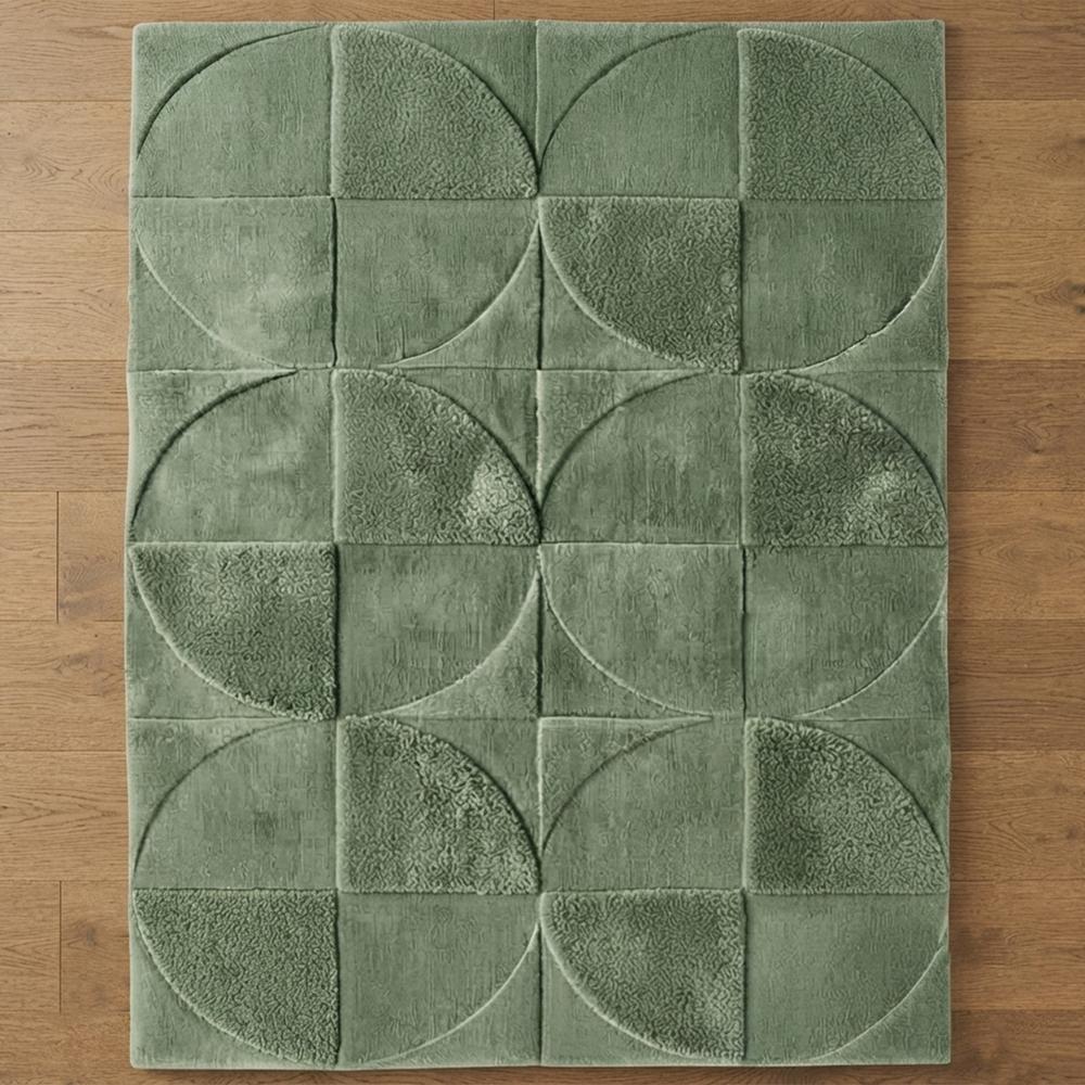 Modern Sage Green Hand Tufted Wool Rug with Geometric Circular Pattern and Textured Design for Living Room Bedroom Decor