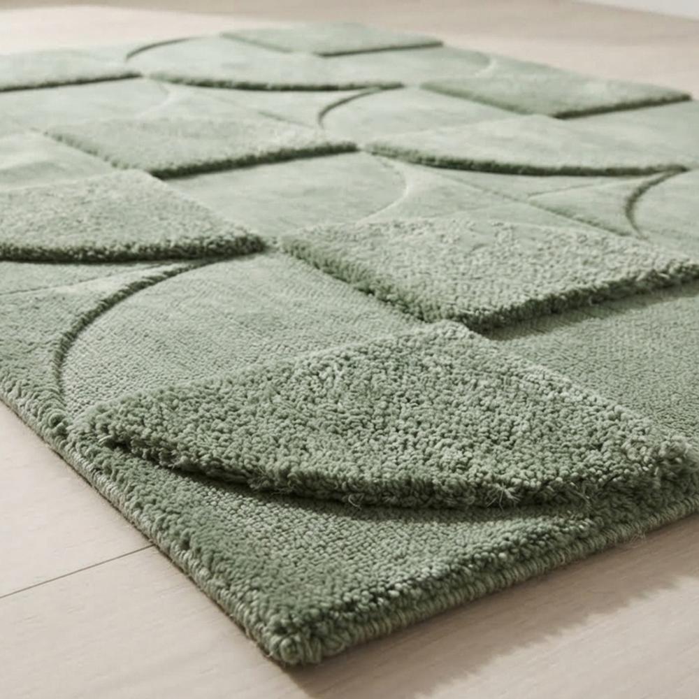 Modern Sage Green Hand Tufted Wool Rug with Geometric Circular Pattern and Textured Design for Living Room Bedroom Decor