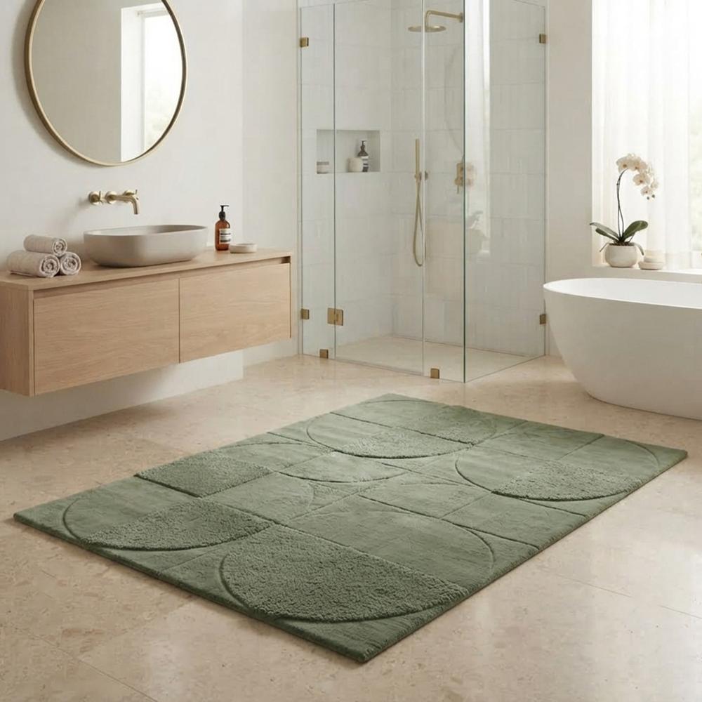 Modern Sage Green Hand Tufted Wool Rug with Geometric Circular Pattern and Textured Design for Living Room Bedroom Decor