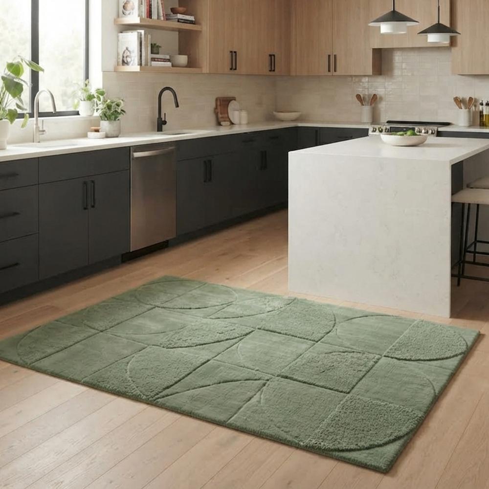 Modern Sage Green Hand Tufted Wool Rug with Geometric Circular Pattern and Textured Design for Living Room Bedroom Decor